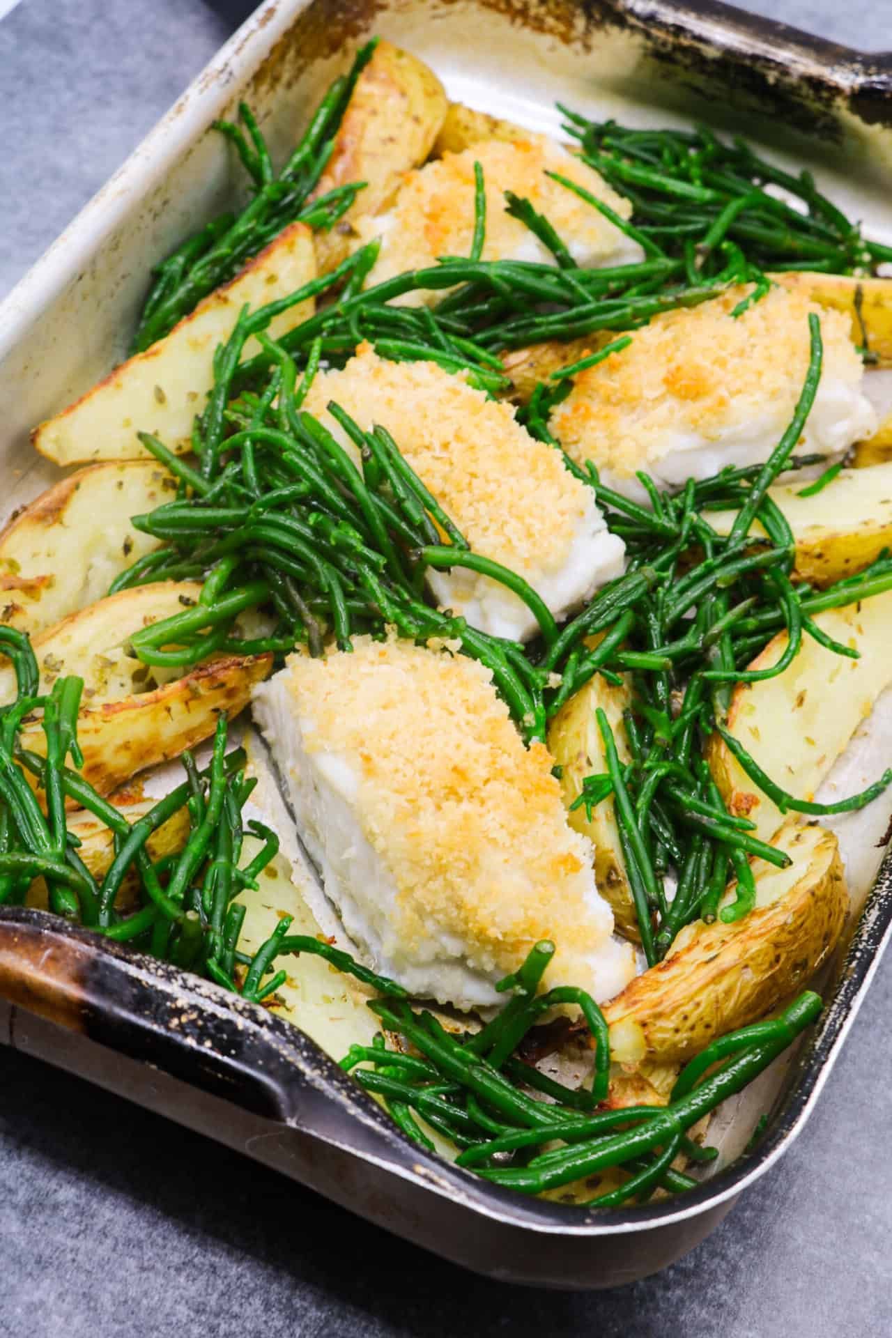 Posh fish and chunky chips in roasting tin with samphire