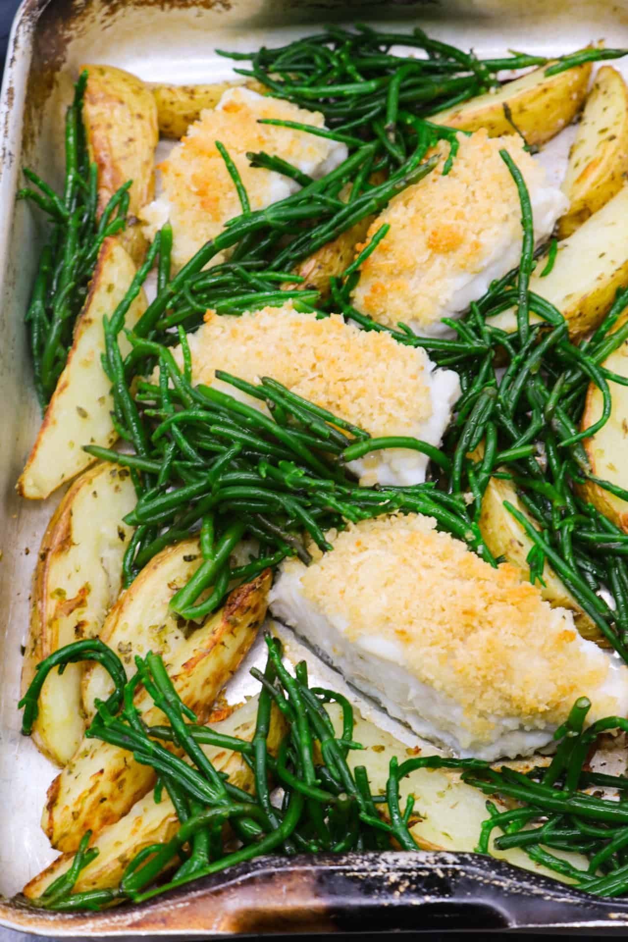Posh fish and chunky chips in roasting tin with samphire