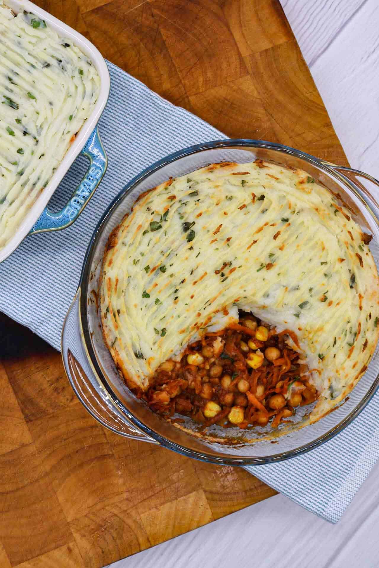 Spicy veggie pie in a clear round oven dish.