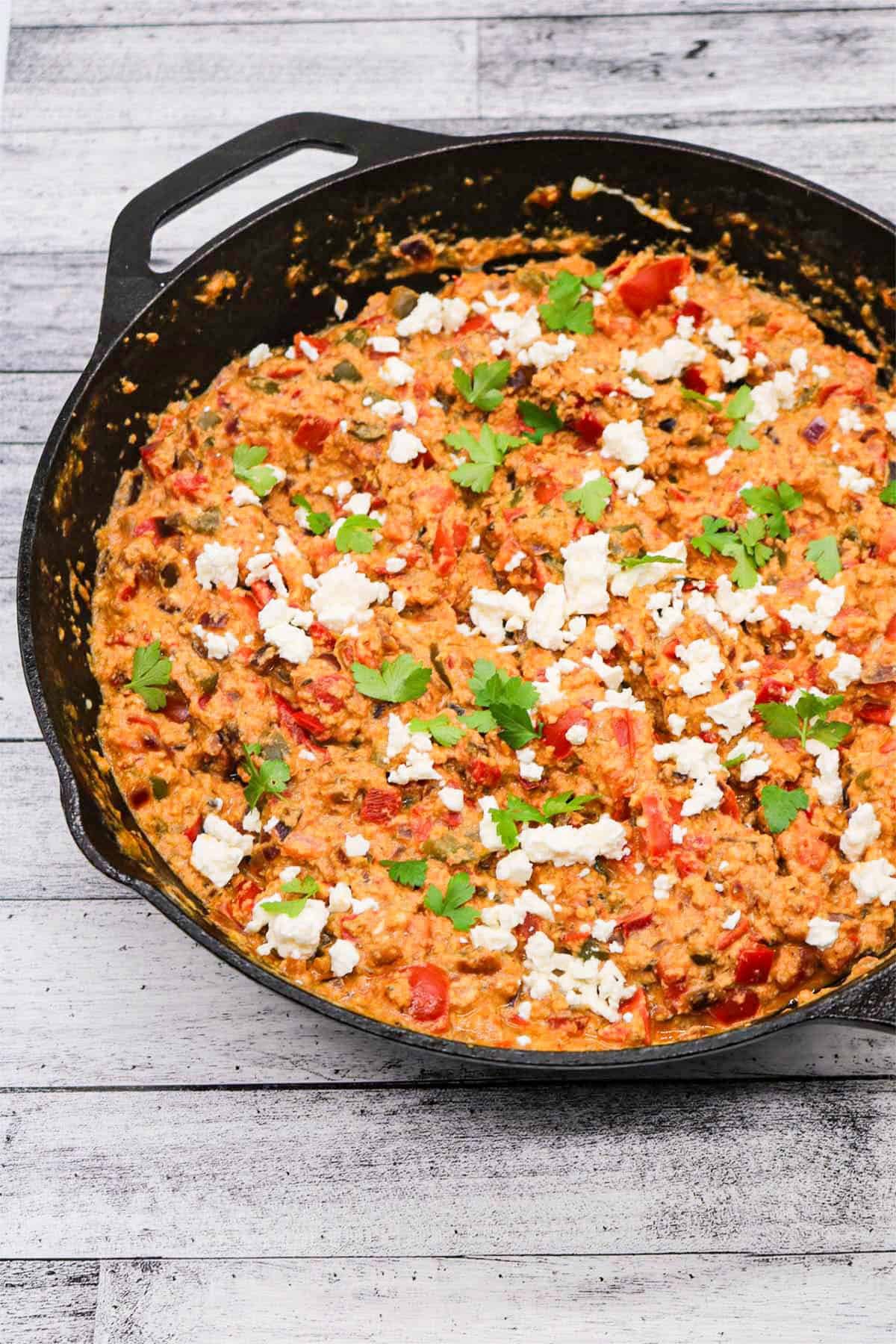 Menemen turkish eggs in skillet