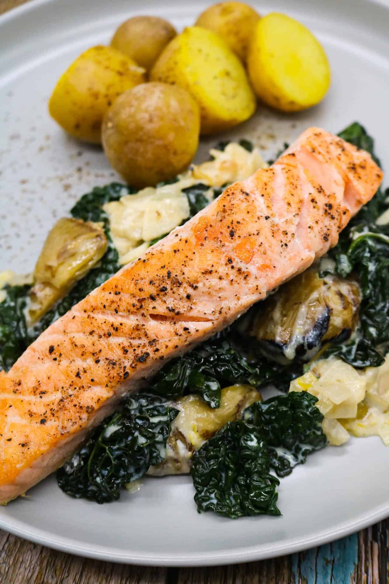 Salmon and creamy artichoke sauce with potatoes on grey plate