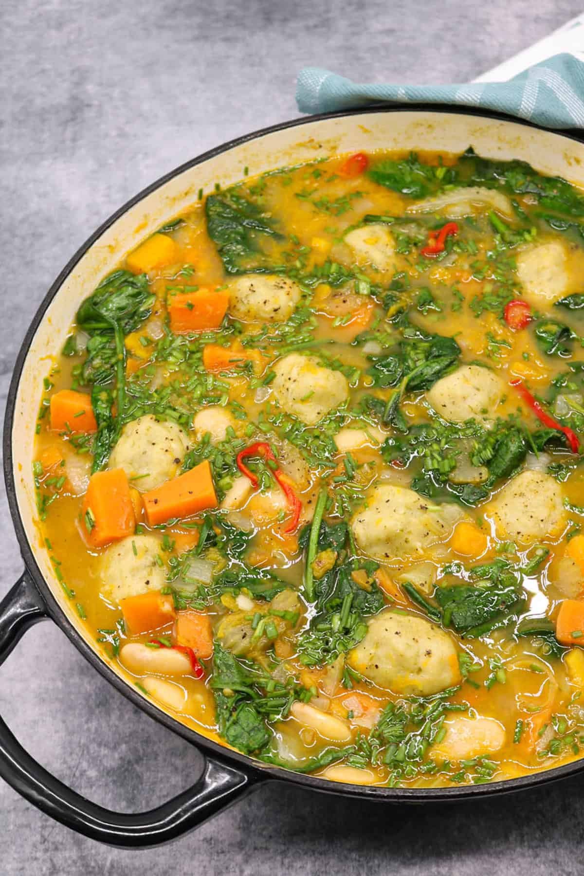Chunky veg stew with cheesy dumplings in a large round casserole.