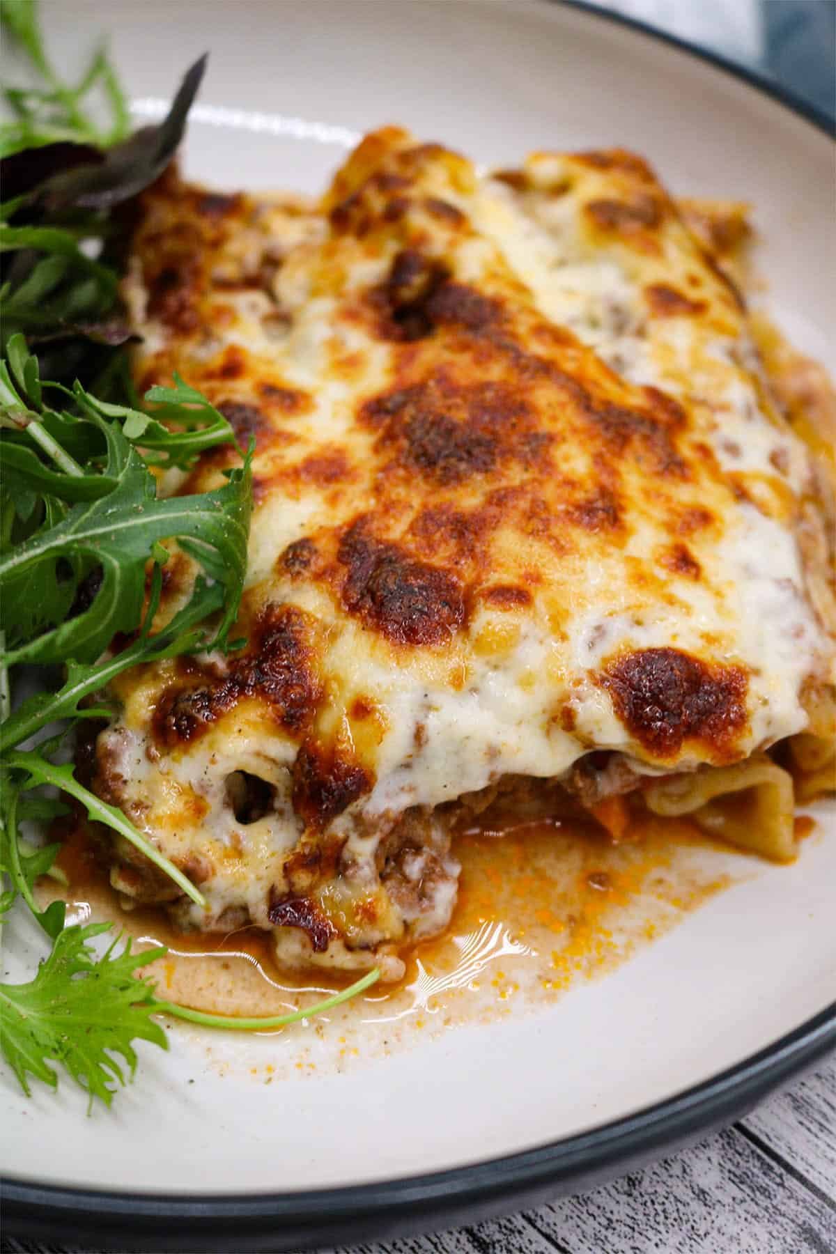 Beef cannelloni in bowl with salad