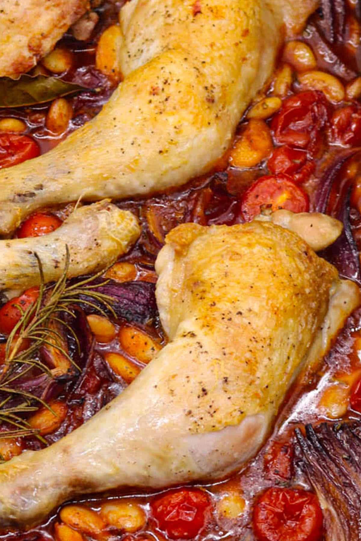 Crispy chicken with Pancetta and butter beans in large roasting tray