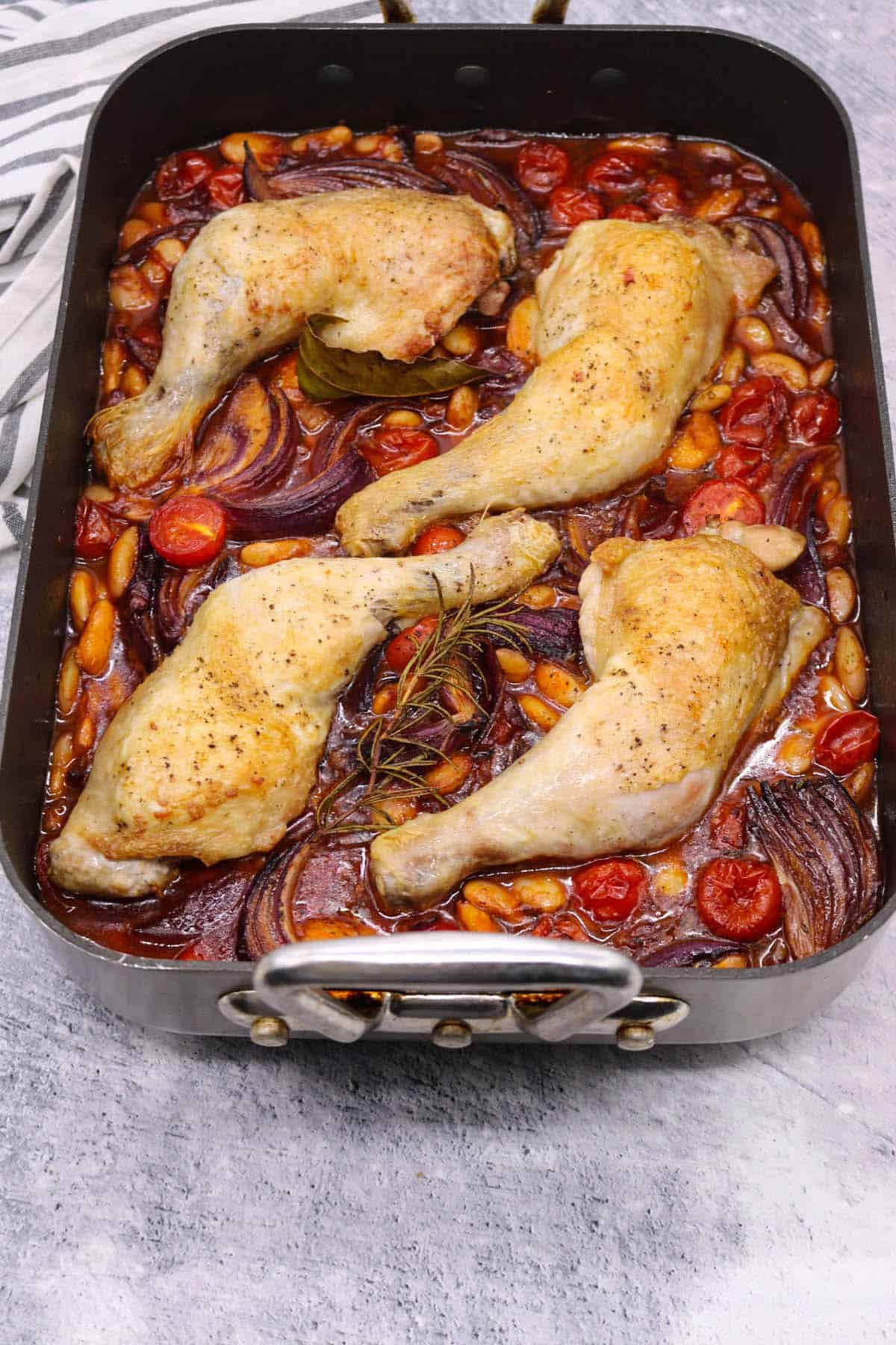 Crispy chicken with Pancetta and butter beans in large roasting tray