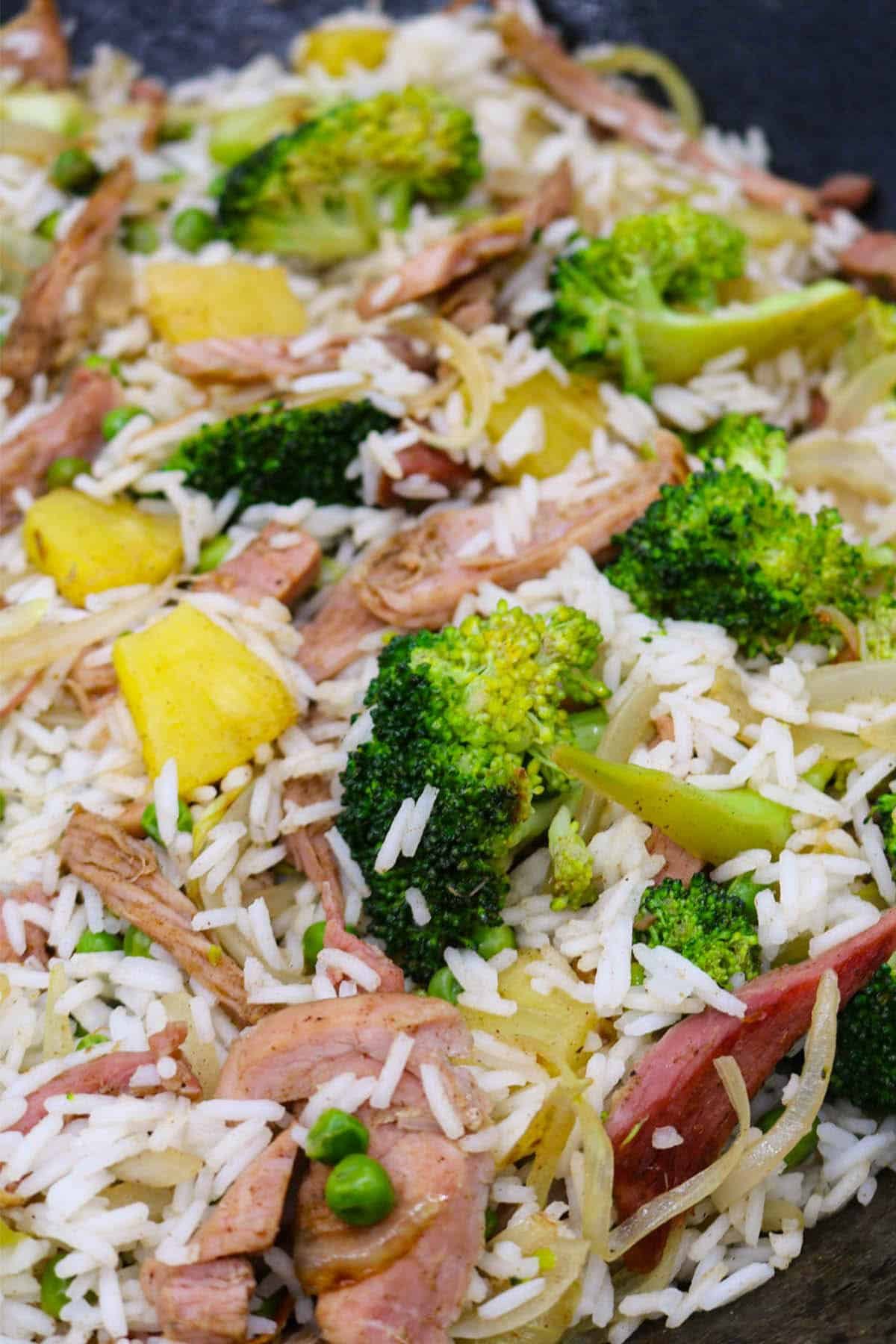 Gammon and pineapple rice in wok