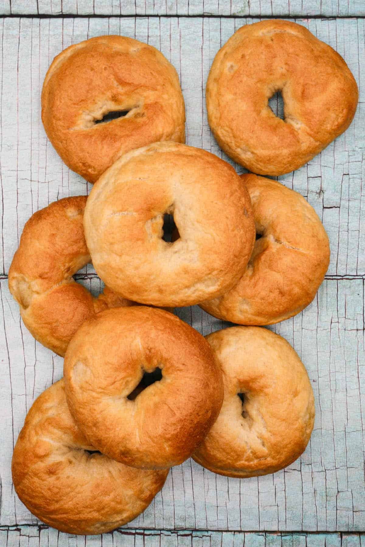 Eight bagels stacked