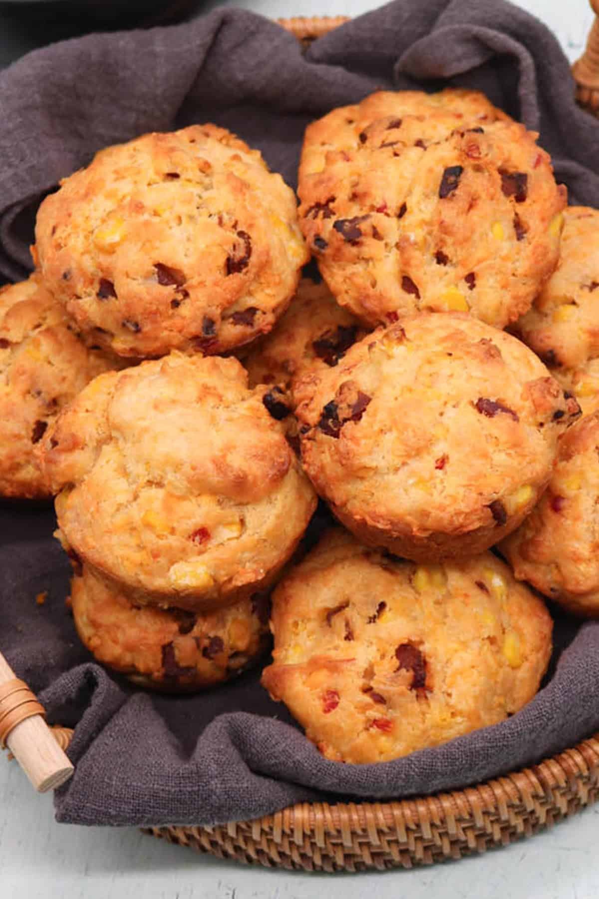 Chorizo, sweetcorn and chilli muffins in a bread basket.