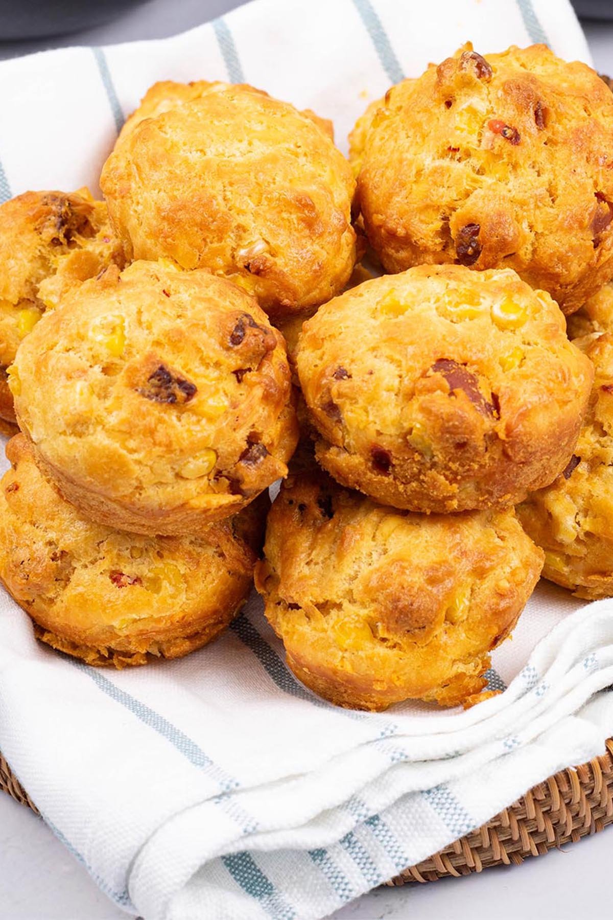 Chorizo, sweetcorn and chilli muffins in a bread basket.