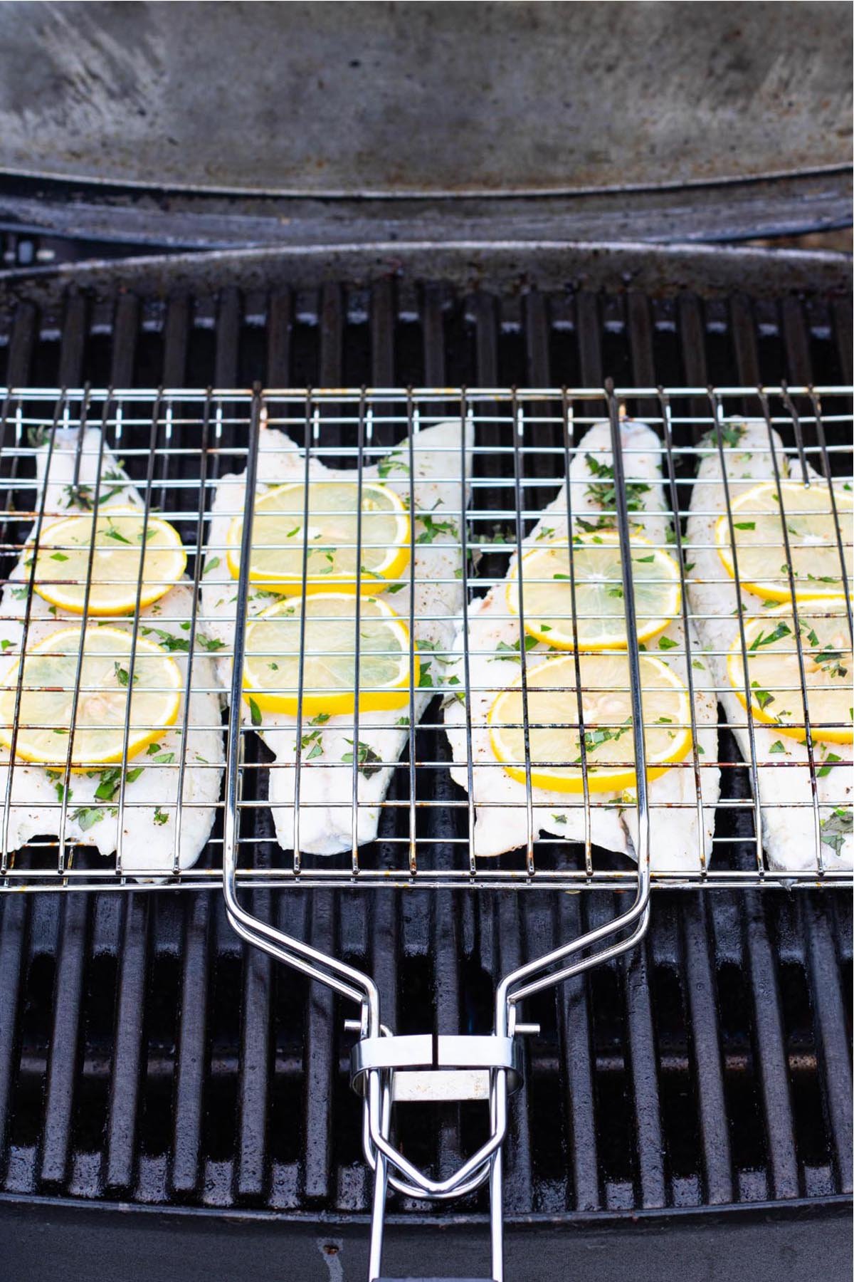 4 x oregano and lemon barbecued sea bass fillets on the BBQ in a fish grilling basket.