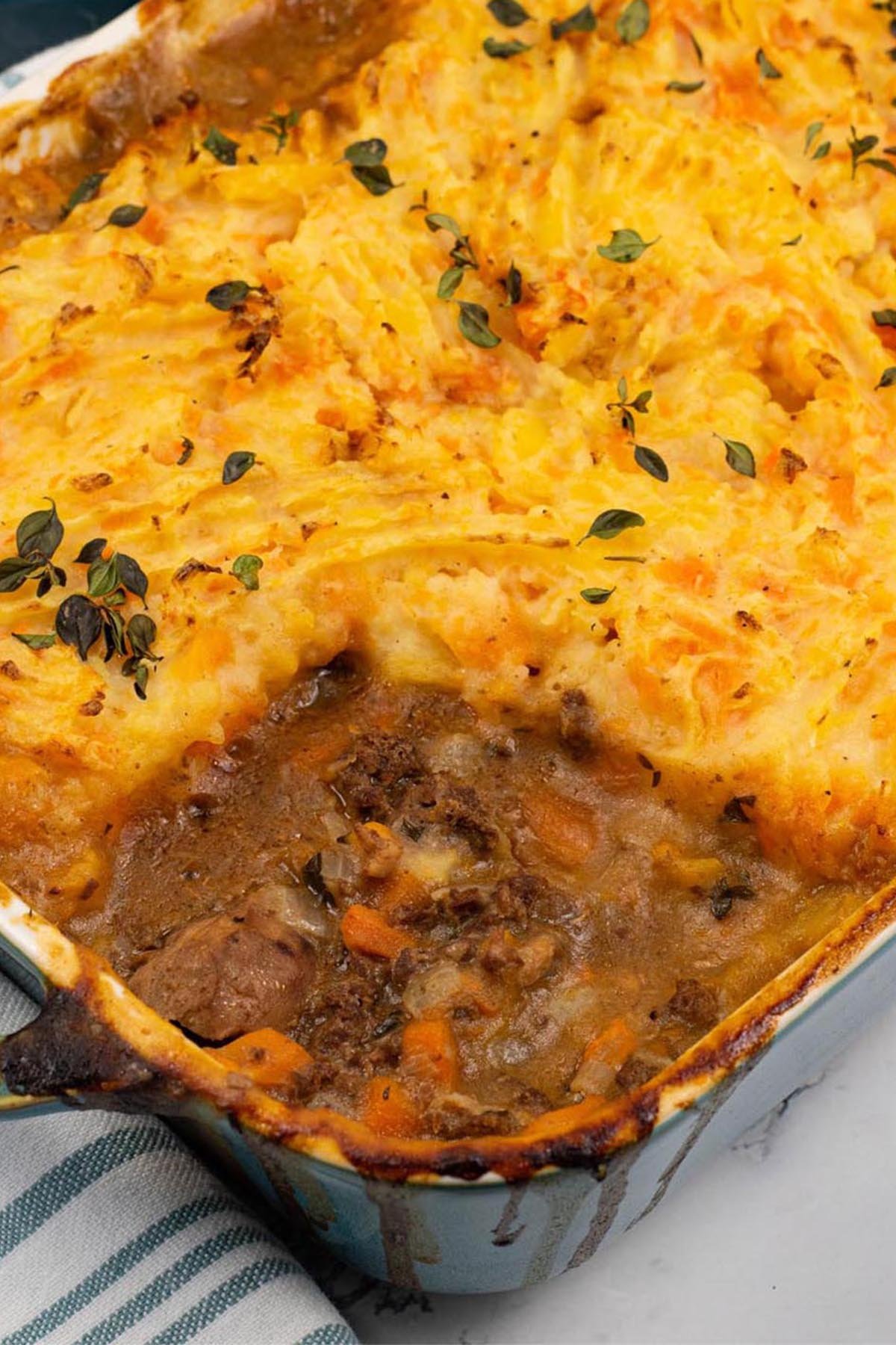 Gamekeeper's pie in a rectangular Staub ovenproof dish.