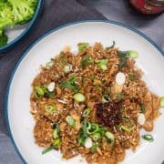 Chicken and Ginger Rice in a bowl scattered with spring onions and a bowl of broccoli
