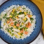 Chicken fricassee with rice in a blue bowl, mustard napkin on the side