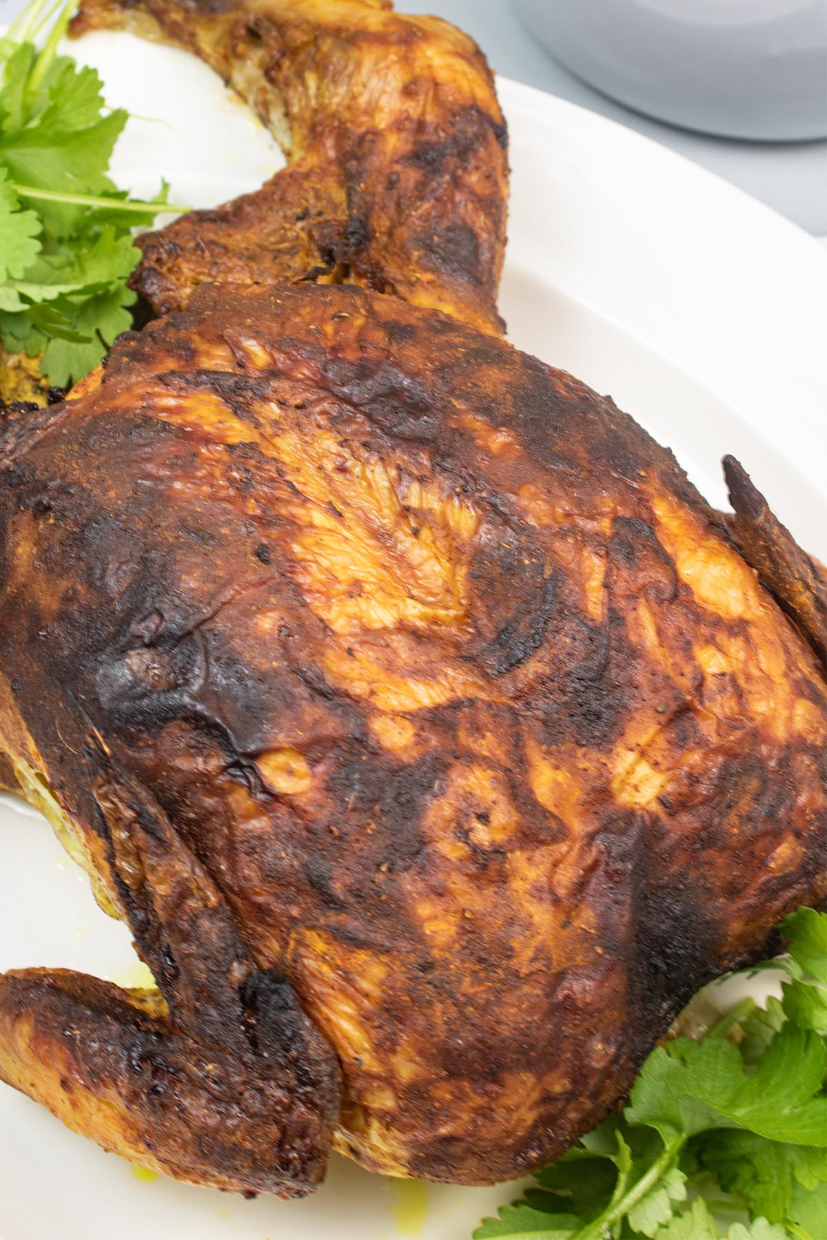 Close up of tandoori roast chicken on a white platter with coriander garnish.