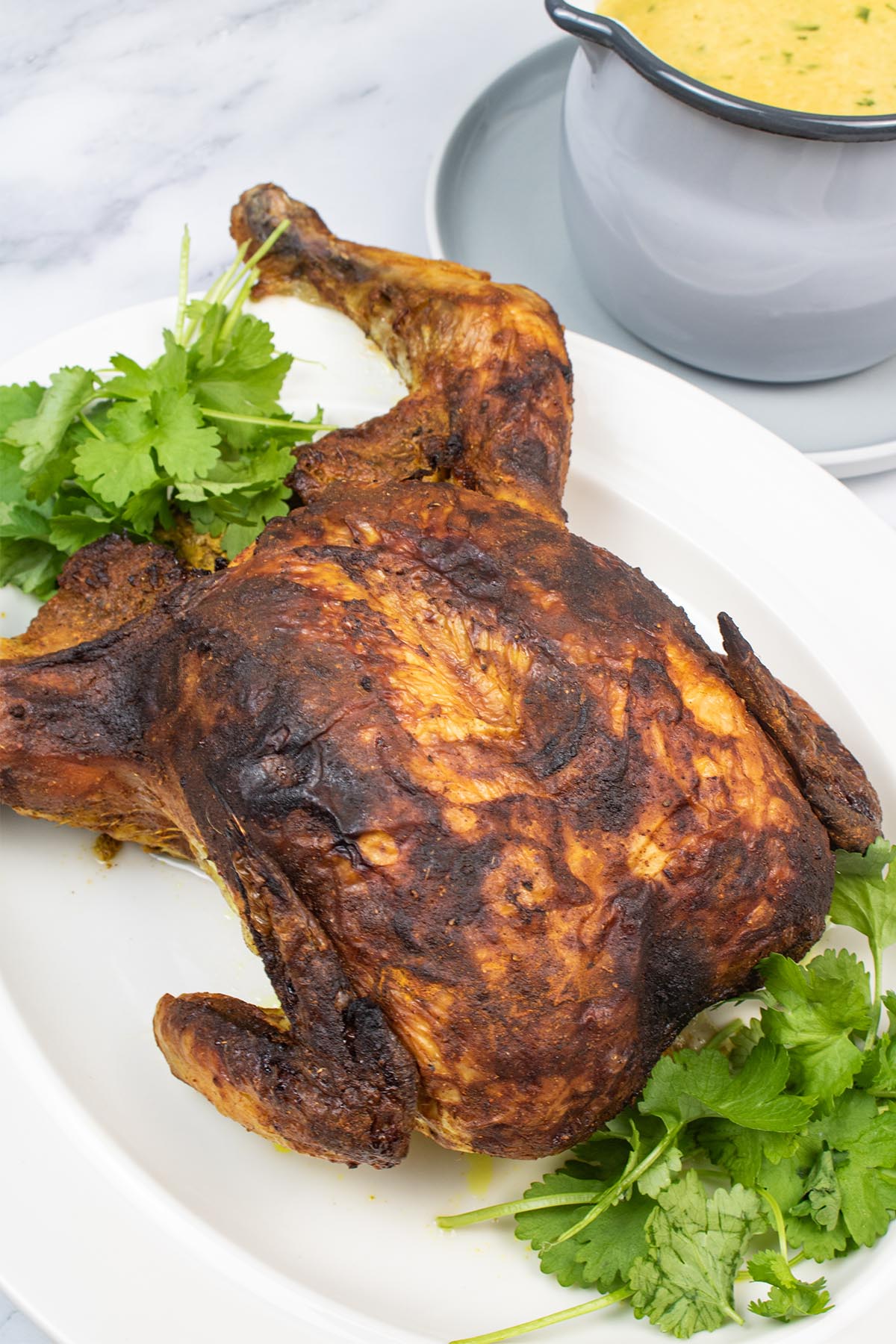 Tandoori roast chicken on a white platter with coriander garnish and sauce in a grey jug on the side.
