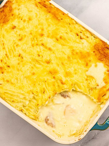 Fish pie in a rectangular ovenproof dish.