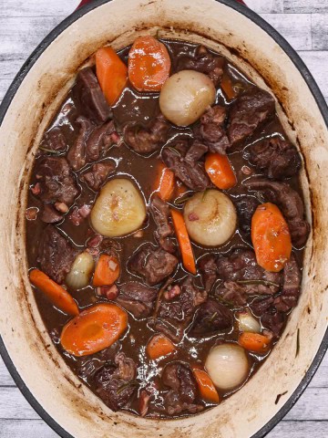 Beef Bourguignon in oval casserole dish