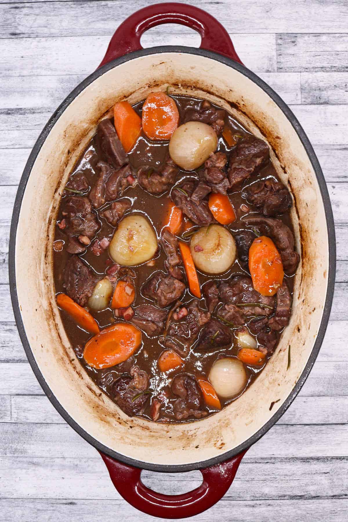 Beef Bourguignon in oval casserole dish