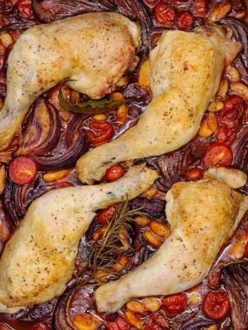 Crispy chicken with Pancetta and butter beans in large roasting tray