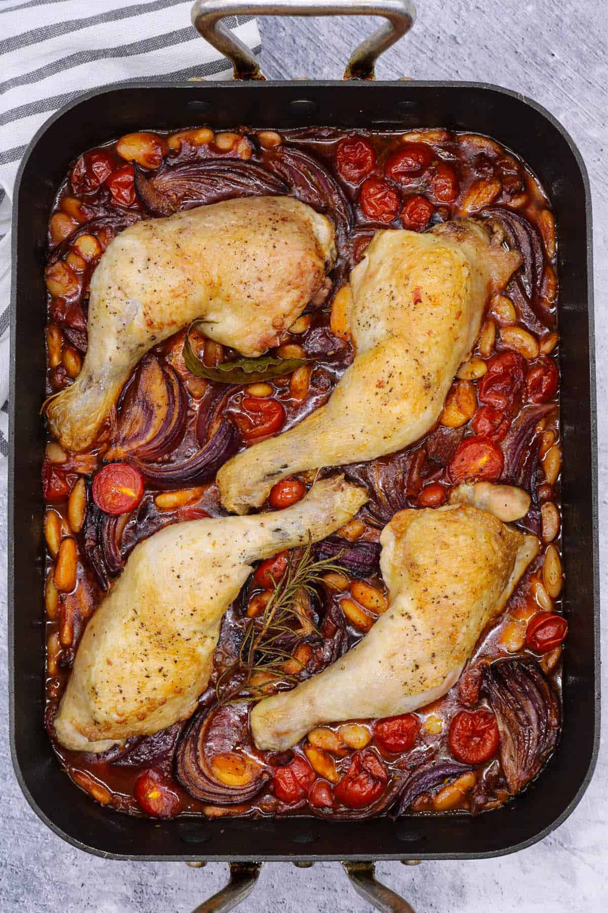 Crispy chicken with Pancetta and butter beans in large roasting tray