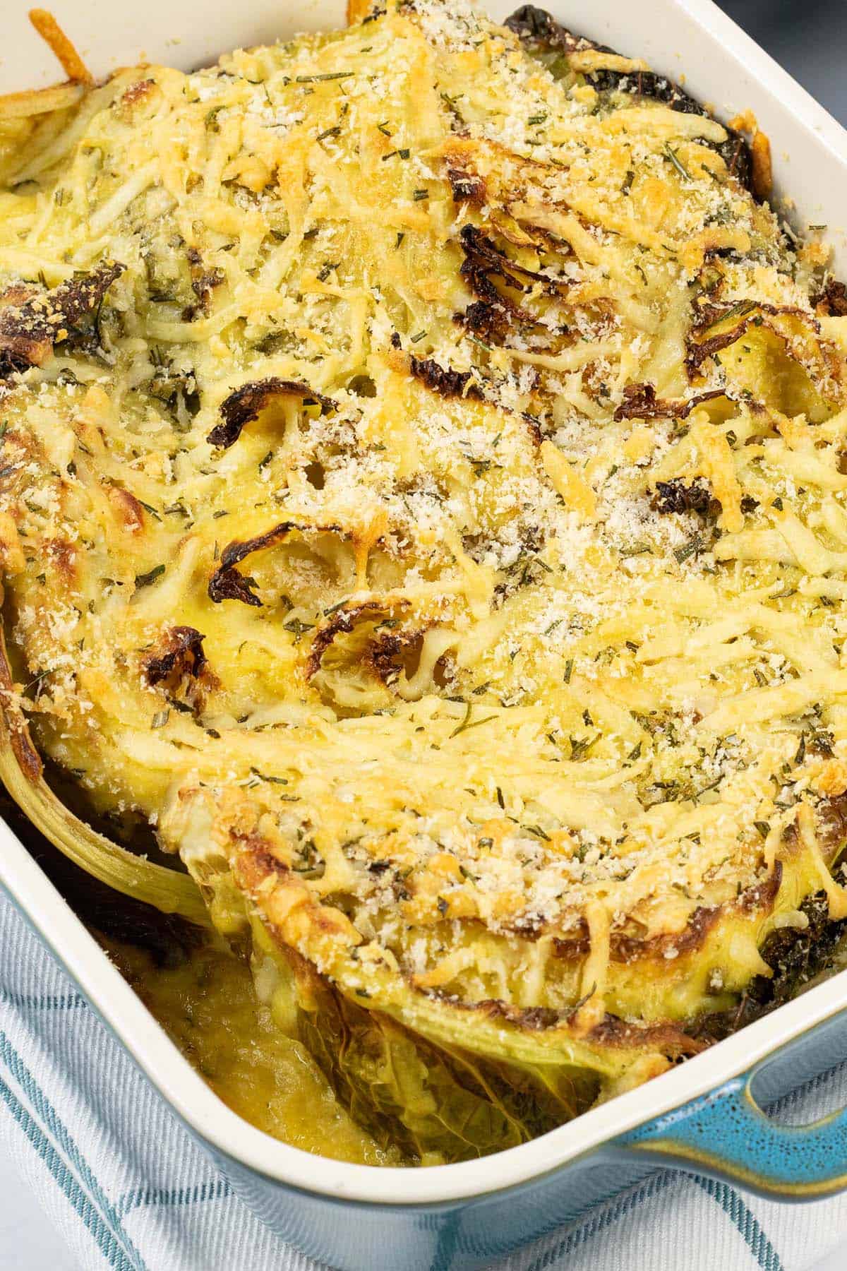 Savoy cabbage gratin with herby cheddar crumbs in a rectangle Staub dish.