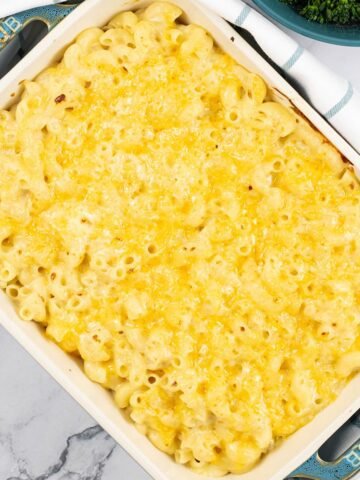 Macaroni cheese in a rectangular Staub dish.
