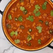 Speedy gunpowder chicken in a large shallow casserole dish.