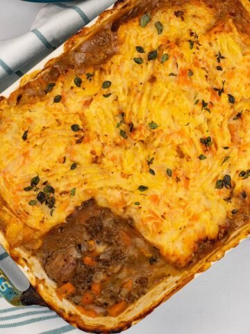 Gamekeeper's pie in a rectangular Staub ovenproof dish.